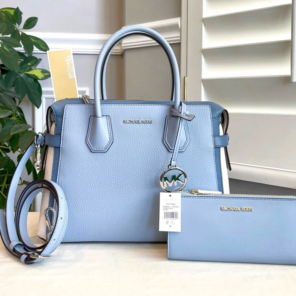 Michael Kors Mercer Belted Satchel & Wallet Set Blue Leather with Gold Hardware